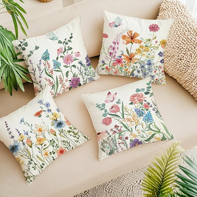 ONFAON Spring Decorations for Home - Spring Pillow Covers 18x18, Outdoor Pillow Covers Springtime Farmhouse Throw Pillow Cover Garden Linen Cushion Case for Home Decor