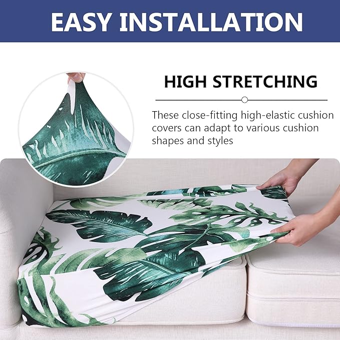 hyha Printed Couch Cushion Covers, Floral Sofa Covers Washable for 3 Cushion Couch, Stretch Pattern Outdoor Cushion Covers for Patio Furniture with Elastic Bottom(Large, Monstera Deliciosa)