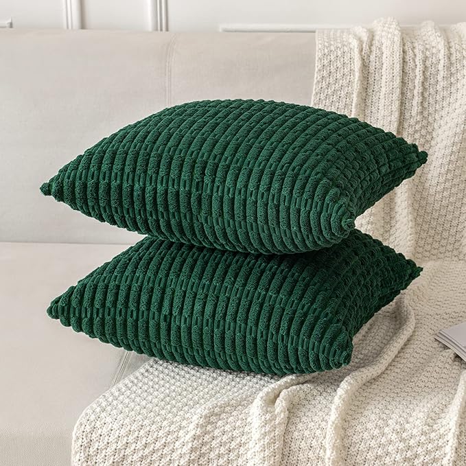 MIULEE Pack of 2 Dark Green Corduroy Decorative Pillow Covers 20x20 Inch Soft Boho Striped Throw Pillow Covers Modern Farmhouse Home Decor for Sofa Living Room Couch Bed