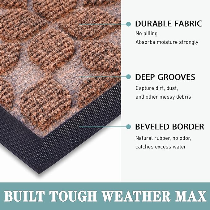 Bulijojo Sturdy Front Entrance Doormats,Durable Heavy Duty Welcome Mat,Thick Absorbent Natural Rubber Non Slip Mat,Easy Clean Entryway Mat 17"x30" Geometric Brown