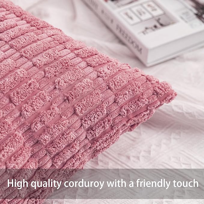 Pack of 2 Corduroy Decorative Throw Pillow Covers 22x22 Inch Soft Striped Pillow Covers Modern Farmhouse Home Decor for Sofa Living Room Couch Bed（Pink）