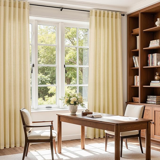 Nanspring Cream Yellow Linen Curtains 84 Inch Length for Living Room Modern Farmhouse Light Filtering Sheer Curtain Back Tab and Rod Pocket Privacy Drapes for Bedroom Office 52x84, 2 Panels