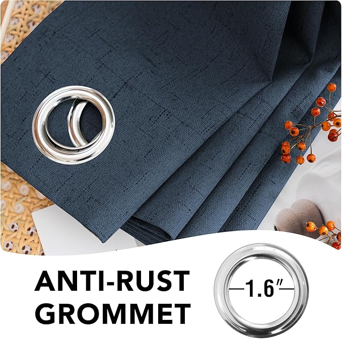 H.VERSAILTEX Linen Blackout Curtains 63 Inches Long 100% Absolutely Blackout Thermal Insulated Textured Linen Look Curtain Draperies Anti-Rust Grommet, Energy Saving with White Liner, 2 Panels, Navy