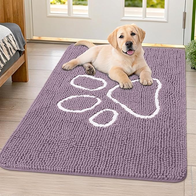 Smiry Dog Door Mat for Muddy Paws, Absorbent Dirt Trapper Non Slip Quick Dry Washable Chenille Mat for Mud Dogs, Entry Rug for Indoor and Outdoor (40x32 Inches, Deep Plum and White)