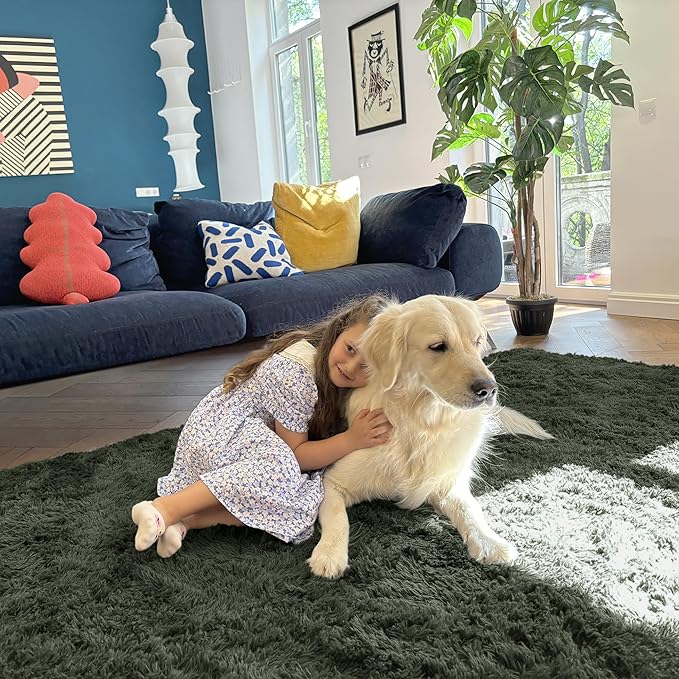 OLANLY 8x10 Machine Washable Large Area Rugs for Living Room, Bedroom, Soft Fluffy Shaggy Bedside Rug, Indoor Floor Carpet for Kids Girls and Boys, Dorms, Nursery, Home Decor Aesthetic, Olive Green