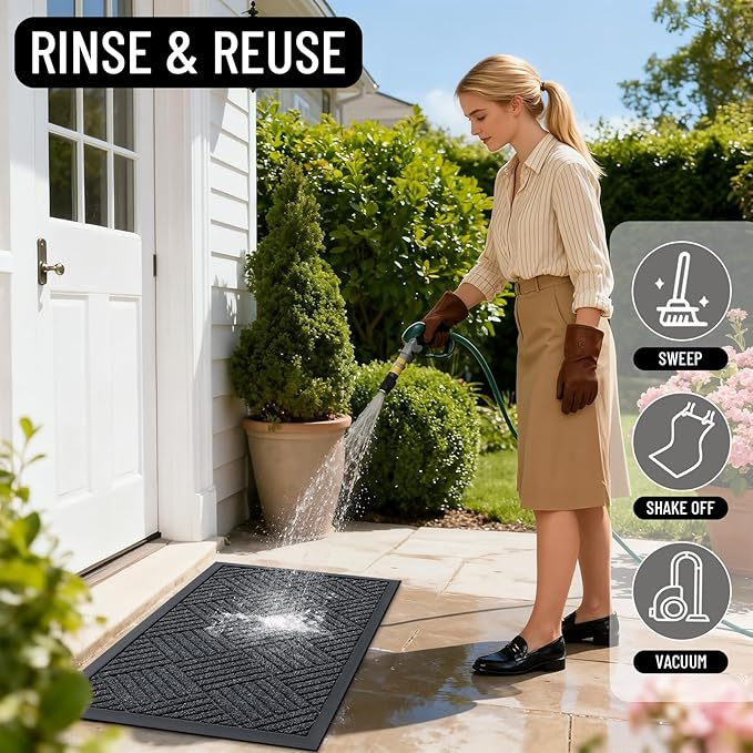 OLANLY Front Door Mat Outside Entrance 29.5x17, Absorbent, Heavy Duty Sturdy Natural Rubber Doormat Indoor Outdoor, Stain Fade Resistant, Non-Slip Low Profile Floor Mat Entryway, Black Gray Diamond
