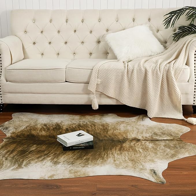 AROGAN Western Decor Faux Fur Cowhide Rug, 4 x 3 Feet Premium Animal Skin Cow Hide Rug, Sturdy Cow Print Rugs for Wall Decor, Western Floor Carpet for Bedroom Living Room, Brownish