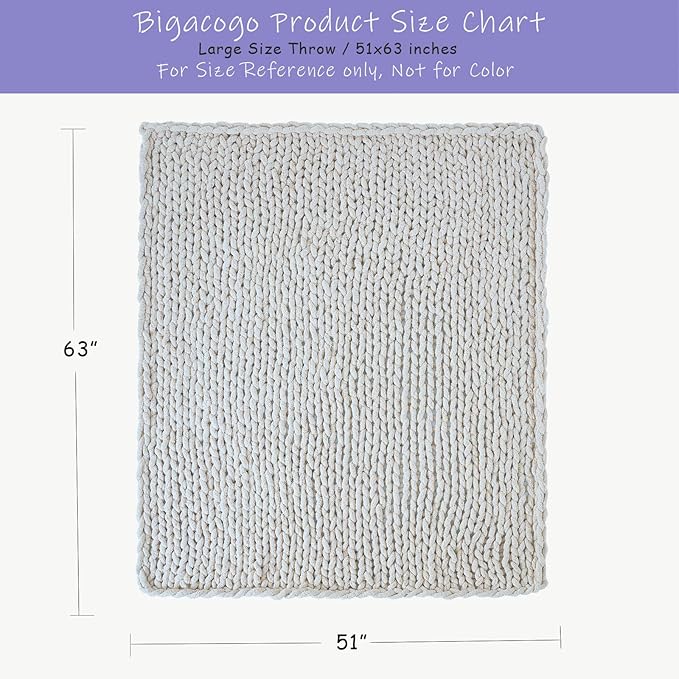 Bigacogo Chunky Knit Throw Blanket for Couch, 51x63 inches, 100% Hand Knitted with Thick Jumbo Chenille Yarn, Cozy Soft Large Rope Knot Cable Crochet Blankets for Sofa Bed Living Room, Ivory