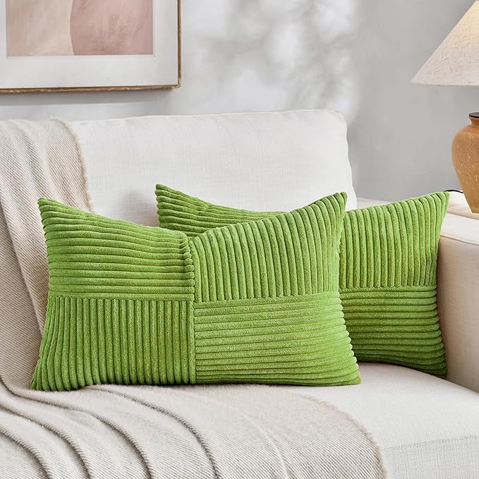 Fancy Homi Set of 2 Lime Green Lumbar Decorative Throw Pillow Covers 12x20 Inch for Living Room Bedroom Couch Bed Sofa, Soft Striped Corduroy Modern Rectangle Accent Cushion Case 30x50 cm