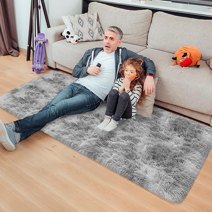 Super Soft Fluffy Living Room Area Rug 2x5 ft Tie-Dyed Light Grey Shaggy Furry Carpet Washable Non-Slip Floor Rugs Bedroom Bedside Nursery Rug Fuzzy Boys Girls Dorm Home Decor Aesthetic