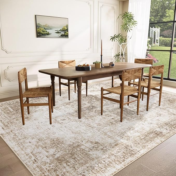 Area Rug 9x12 Washable Rug, Vintage Boho Medallion Rugs Non-Slip Soft Low Pile Large Distressed Rug Indoor Retro Carpet for Living Room Bedroom Dining Room Home Office (Brown, 9'x12')