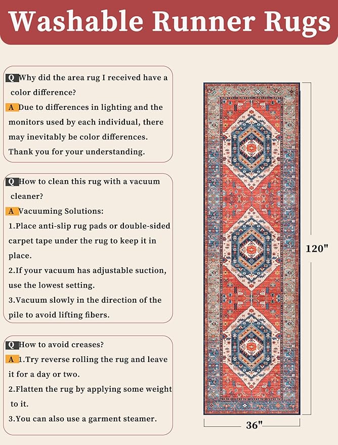 SERISSA Runner Rug for Hallways, 3x10 Washable Non Slip Kitchen Runner Rug, Long Boho Rug Vintage Rust Hallway Stair Ultra Soft Print Floor Carpet for Bedroom Bathroom Laundry Room