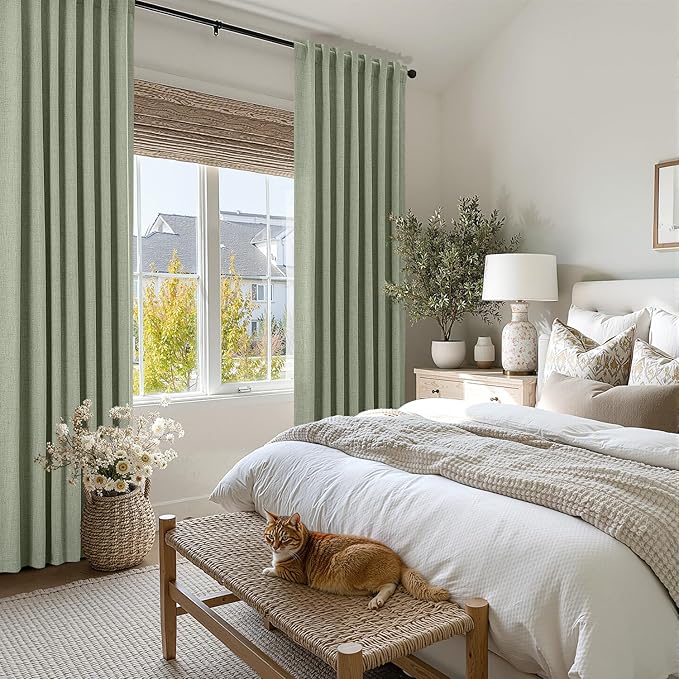 MIULEE 100% Blackout Linen Curtains for Bedroom, Sage Green Solid Luxury Decor Thermal Insulation Room Darkening Drapes for Living Room Nursery Back Tab Rod Pocket 42 x 108 Inches, 2 Panels