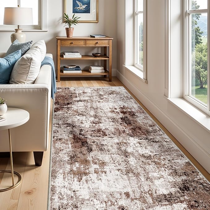 4x10 Wide Washable Runner Rug: Easy-to-Clean Runners for Hallway Entryway Kitchen Bedroom Living Room - Stain and Water Resistant Rugs with Non-Slip Backing - Soft Low-Pile Carpet Brown Khaki White