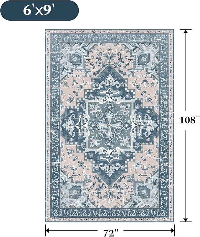 Rugflix 6x9 Area Rug for Living Room, Machine Washable Area Rugs with Non-Slip Backing, Large Soft Boho Vintage Rug for Bedroom, Dining Room, Low Pile Carpet, Kids Pet Friendly, Blue