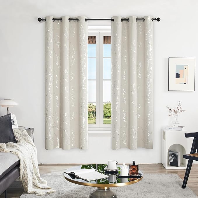 Deconovo Beige Bedroom Curtains, Room Darkening Curtain, Thermal Insulated Soundproof Drapes, Silver Branch Print, 42 x 72 Inch Long, Machine Washable Window Panels for Living Room Nursery, Set of 2