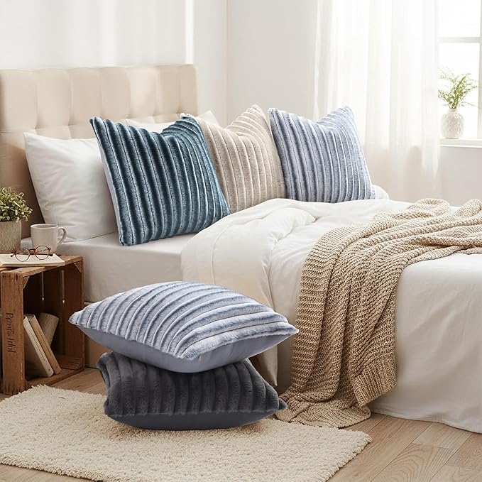 decorUhome Cozy Faux Fur Throw Pillow Covers 12x20 Set of 2 Decorative Soft Plush Striped Lumbar Modern Farmhouse Boho Couch Pillow Cases with Velvet Back for Sofa Bed Living Room, Grey White