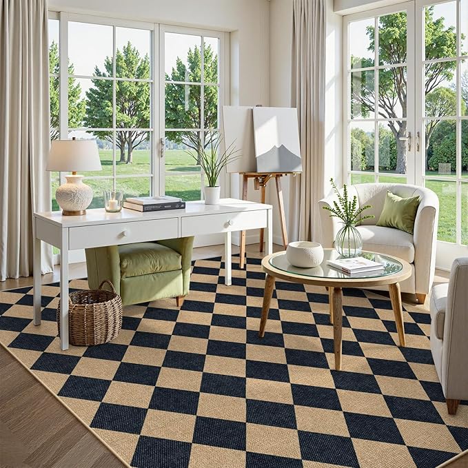 Lahome Colette Checkered Easy Jute Area Rug 8x10, Large Living Room Patio Rug Checkerboard Indoor Outdoor Carpet, Farmhouse Geometric Non Slip Black Carpet for Backyard Dining Room