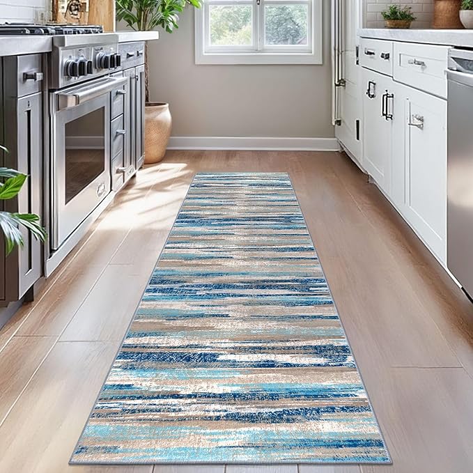 Lansny Modern Abstract Bedroom Runner Rug 2x7, Blue Washable Kitchen Runner, Non-Slip Soft Thin Faux Wool Mat for Entryway, Hallway, Laundry Room, Indoor Home Decor