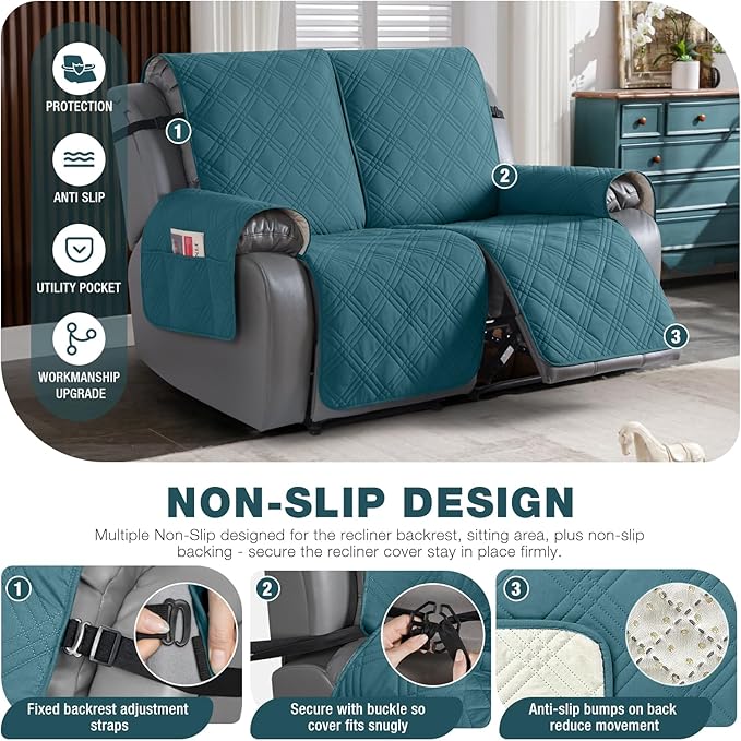 TAOCOCO 100% Waterproof Loveseat Recliner Covers 2 Seater, Split Loveseat Covers for Reclining loveseat, Non Slip Reclining Couch Cover with Double Straps for Kids, Pets(2 Seater, Peacock Blue)