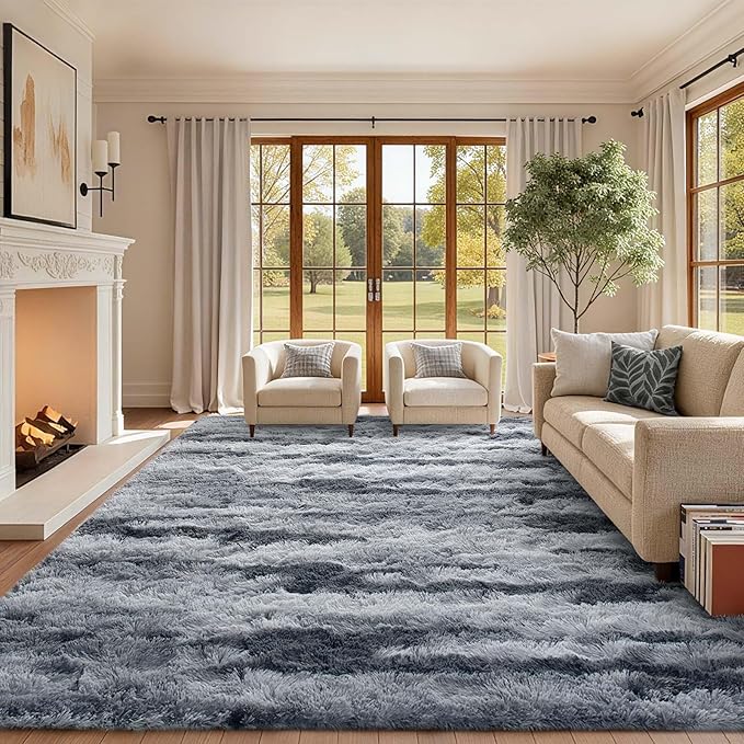 6x9 Ft Large Shag Rugs for Living Room Decor, Tie-Dyed Ultra Soft Fluffy Furry Area Rugs for Bedroom Indoor Floor, Aesthetic Carpet for Kids Home (Grey)