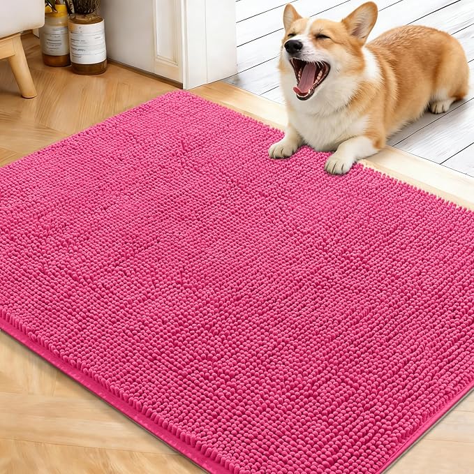 OLANLY Dog Door Mat for Muddy Paws 40x32, Absorbs Moisture and Dirt, Absorbent Non-Slip Washable Doormat, Quick Dry Chenille Mud Mat for Dogs, Entry Indoor Entryway Carpet for Inside Floor, Hot Pink