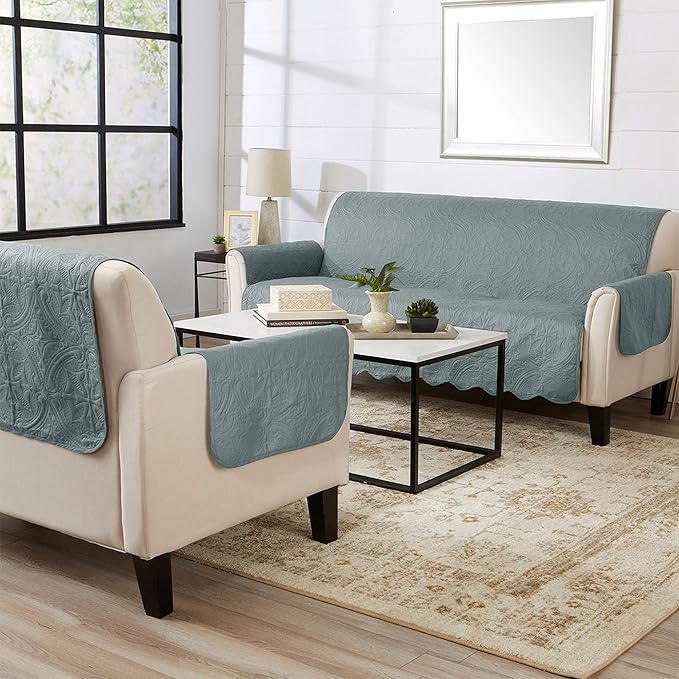 Great Bay Home Reversible Loveseat Cover - Washable Slipcover Furniture Protector with Elastic Straps - Perfect for Kids & Pets - Quilted & Stitched Detail (Mirage Gray/Flax)