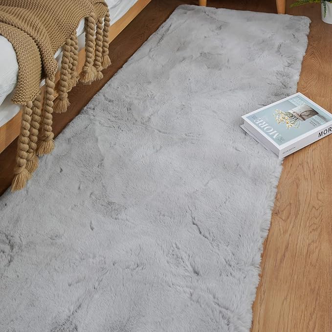 ORINOVA Fuzzy Grey Fluffy Washable Runner Rugs for Hallway 2x10 Plush Faux Rabbit Furry Fur Rugs for Bedroom Living Room Home Décor
