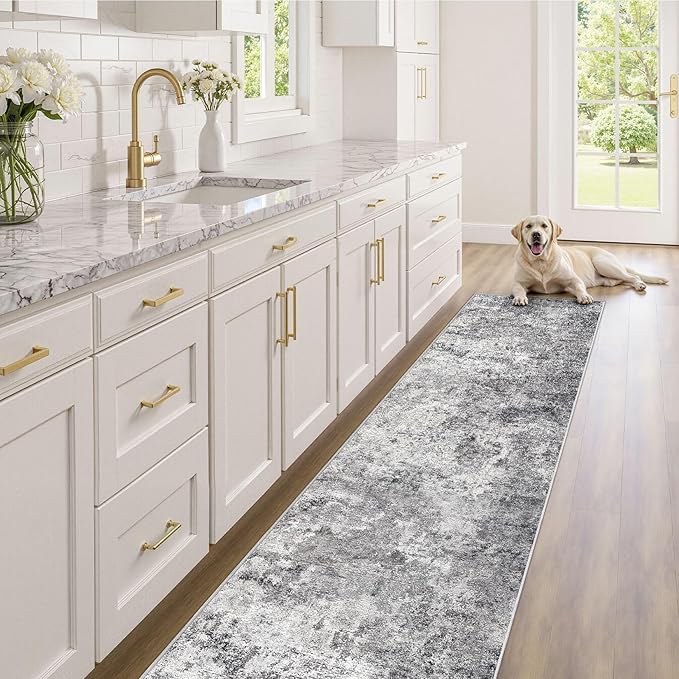 UERMEI 2X10 Washable Runner Rug for Hallway: Soft Neutral Modern Abstract Area Rug - Non-Slip Low Pile Long Throw Indoor Carpet for Kitchen Entryway Kitchen Bedroom Laundry - Grey