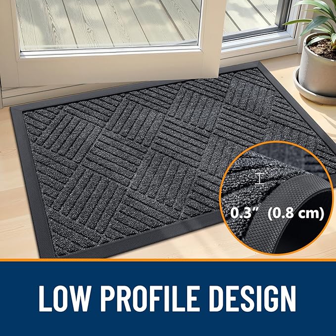 OLANLY Front Door Mat Outside Entrance 47x23, Absorbent, Heavy Duty Sturdy Natural Rubber Doormat Indoor Outdoor, Stain Fade Resistant, Non-Slip Low Profile Floor Mat for Entryway, Black Gray Diamond