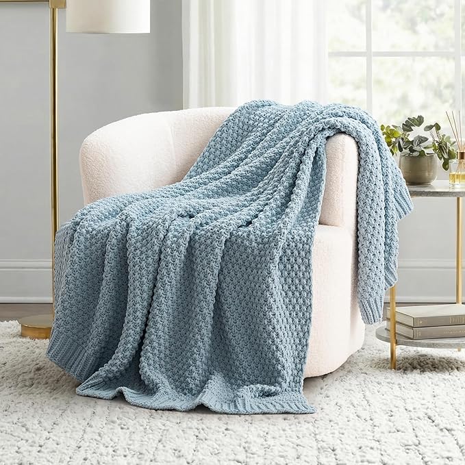 EVERGRACEHOME Chunky Chenille Knit Throw Blanket for Couch, Soft Luxurious Moss Stitch Blankets for Bed, Cozy Decorative Farmhouse Knitted Throws for Sofa, Chambray Blue, 60" x 80"