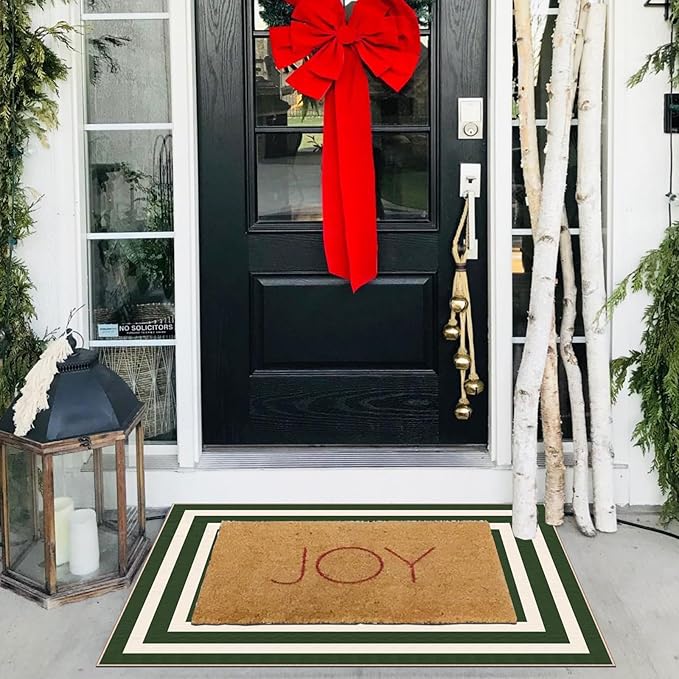 Front Door Mat Outside Entrance - 2x3 Green White Non-Slip Washable Doormat Indoor Outdoor Entrance Geometric Bordered Rug Small Throw Rugs for Entryway Bedroom Kitchen Front Porch Decor