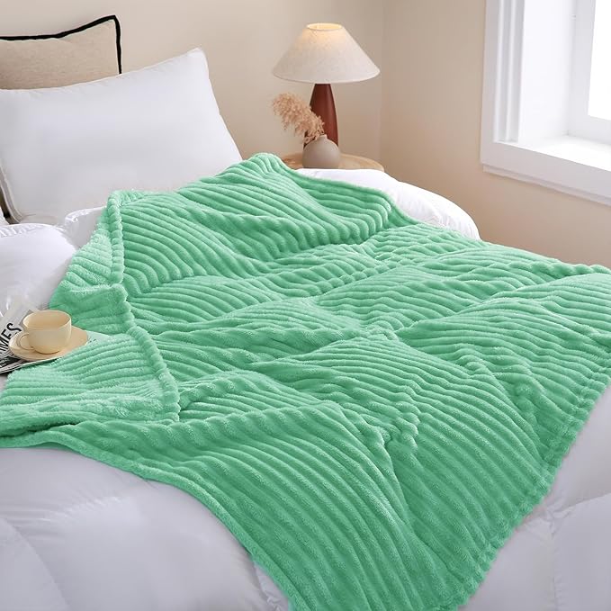 Mint Green Fleece Throw Blanket 50”×60” for Couch Sofa Bed,Super Soft Cozy Plush Microfiber Flannel Blanket with Stripes Design Lightweight for Adults,Woman,Girls