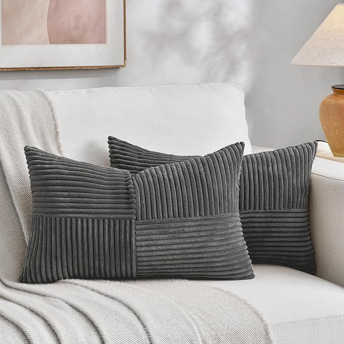 Fancy Homi 2 Packs Dark Gray Lumbar Decorative Throw Pillow Covers 14x22 Inch for Living Room Couch Bed Sofa, Farmhouse Home Decor, Soft Striped Corduroy Rectangle Accent Cushion Case 35x55 cm