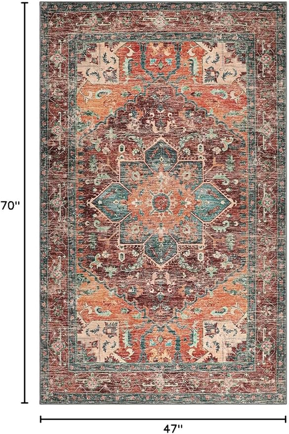 Yamaziot Washable Area Rug, 4x6 Non-Slip Boho Vintage Living Room Bedroom Rug with Rubber Backing, Low Pile Faux Wool Soft Distressed Rug Floor Carpet for Living Room, Laundry, Kids Playroom