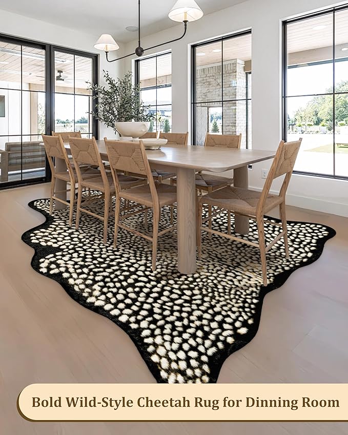 Leopard Print Rug for Living Room, Cheetah Rug 6.2x8.2 Faux Animal Print Skin Cheetah Area Rug for Bedroom Nursery Animal Fur Hide Irregular Shaped Rustic Antelope Black