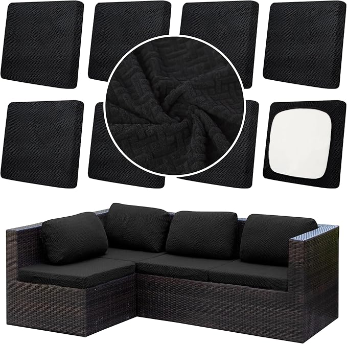 8Pcs Outdoor Cushion Covers, Patio Cushion Covers,Stretch Elastic Slipcovers, Replacement Washable & Reusable Furniture Protector for Patio Couch,Thick Jacquard Textured Twill Fabric(Black,Cover Only)