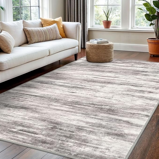 KOZYFLY 4x6 Area Rug Modern Abstract Washable Large Rugs for Entryway Non-Slip Soft Living Room Rug, Print Grey/Light Beige/Brown Throw Rugs Indoor Mat for High-Traffic Door Entrance