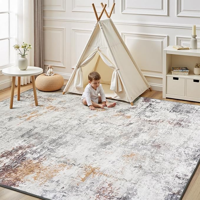 Rugflix 9x12 Area Rugs for Living Room, Washable Large Rug Stain-Resistant Low Pile, Modern Neutral Carpet for Dining Room Home Office Kid Room Nursery Bedroom, Grey Brown