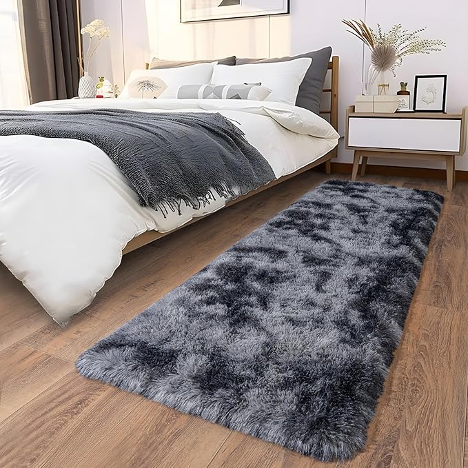 Ultra Soft Runner Rugs for Bedroom Hallways with Upgraded Non-Slip Rubber Backing & Thick Memory Sponge, 2 Packs 2x6 Feet Fluffy Shag Throw Area Rug for Bedside Dorm Tie-dye Dark Grey