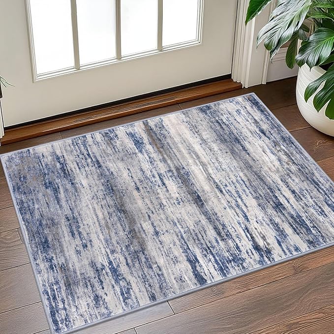KOZYFLY Modern Abstract Rugs for Entryway 2x3, Washable Kitchen Rug Non-Slip Soft Small Area Rug, Grey-Blue Striped Throw Rugs Faux Wool Doormat for Bedside Entrance Bathroom Sink