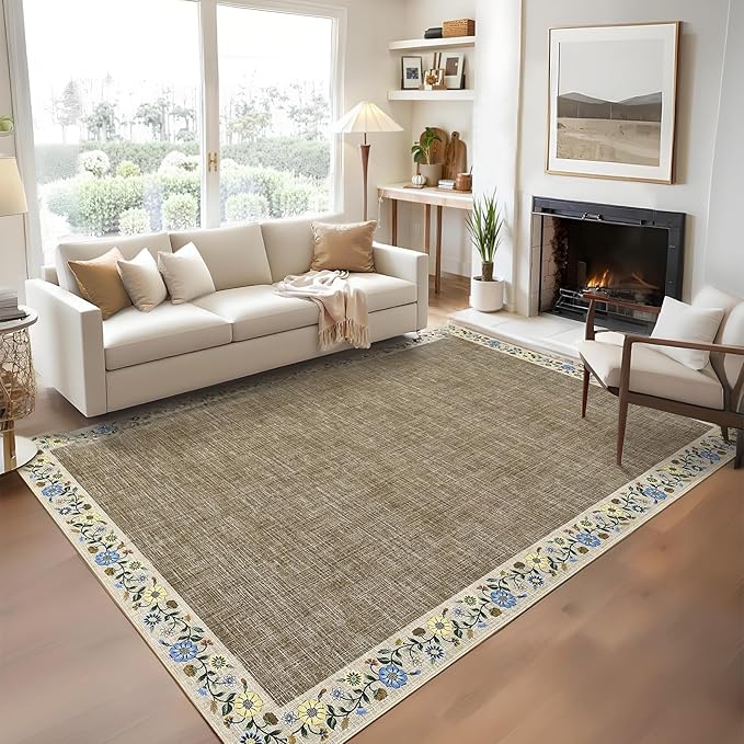 GarveeHome 4x6 Area Rugs for Bedroom Living Room Machine Washable Rugs Floral Bordered Small Carpet Non-Slip Stain Resistant Accent Carpet for Dining Room Table Apartment Office, Dark Camel