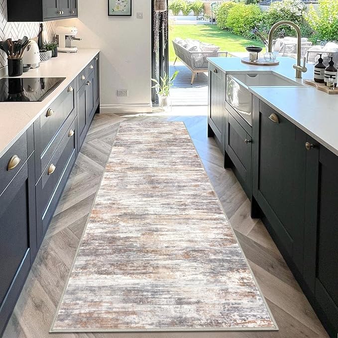 KOZYFLY 3x10 Ft Rug Modern Ombre Runner Rug for Hallway, Washable Kitchen Rugs Non-Slip Soft Striped Entryway Rug, Print Multi Grey/Orange Abstract Carpet for Laundry Nursery