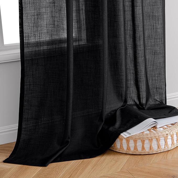 MIULEE Black Linen Curtains 84 Inch Length 2 Panels for Bedroom Living Room, Soft Thick Linen Textured Back Tab Window Drapes Semi Sheer Light Filtering Rod Pocket Modern Farmhouse Halloween Decor