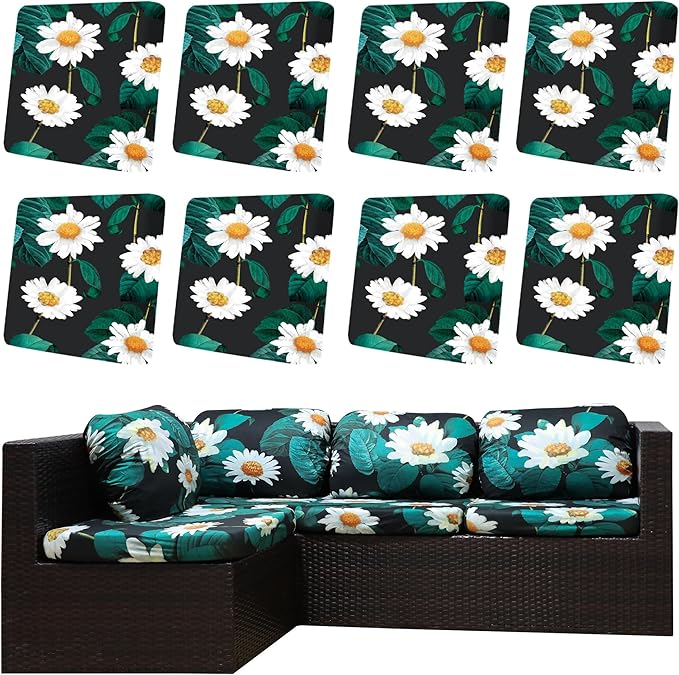 8Pcs Outdoor Cushion Covers, Patio Cushion Covers,Stretch Elastic Slipcovers, Replacement Washable & Reusable Furniture Protector for Patio Couch (Daisy,Cover Only)