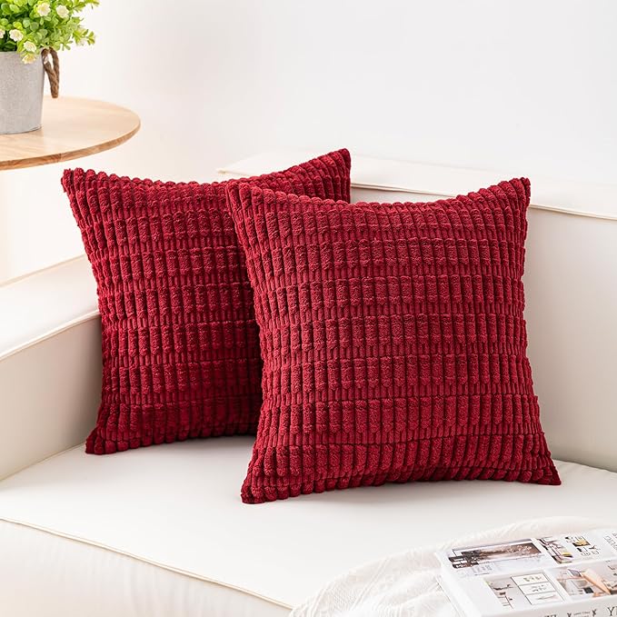 Pack of 2 Corduroy Decorative Throw Pillow Covers 20x20 InchSoft Striped Pillow Covers Modern Farmhouse Home Decor for Sofa Living Room Couch Bed（Wine Red）