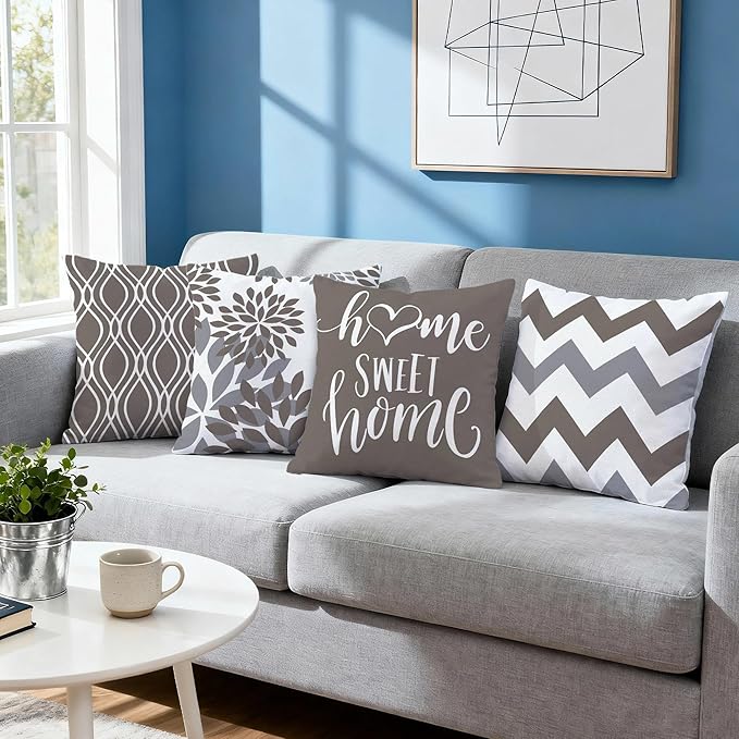 Hexagram Geometric Grey Pillow Covers 16x16 Set of 4, Decorative Outdoor Boho Modern Throw Pillow Covers, Home Sweet Home Farmhouse Cushion Case for Couch Sofa Bedroom Indoor Decor(No Insert)