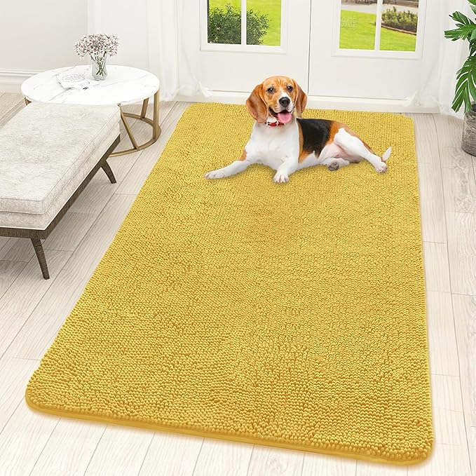 OLANLY Dog Door Mat for Muddy Paws 59x32, Absorbs Moisture and Dirt, Absorbent Non-Slip Washable Doormat, Quick Dry Chenille Mud Mat for Dogs, Entry Indoor Entryway Carpet for Inside Floor, Yellow