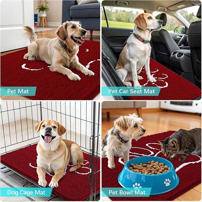 OLANLY Dog Door Mat for Muddy Paws 24x16, Paw Print Design, Absorbs Moisture and Dirt, Absorbent Non-Slip Washable Doormat, Quick Dry Chenille Mud Mat for Dogs, Entry Indoor Entryway Carpet, Red