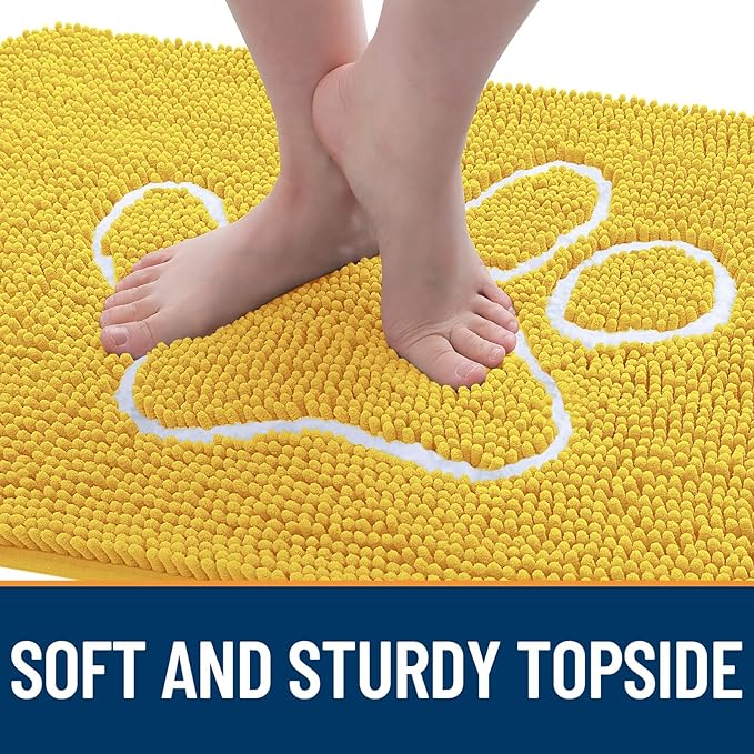 OLANLY Dog Door Mat for Muddy Paws 30x20, Paw Print Design, Absorbs Moisture and Dirt, Absorbent Non-Slip Washable Doormat, Quick Dry Chenille Mud Mat for Dogs, Entry Indoor Entryway Carpet, Yellow